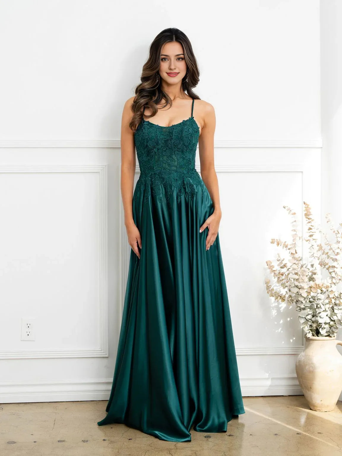 Robe Weitese élégante à bretelles spaghetti, coupe trapèze, longue, robe de bal formelle, sans manches, avec appliques